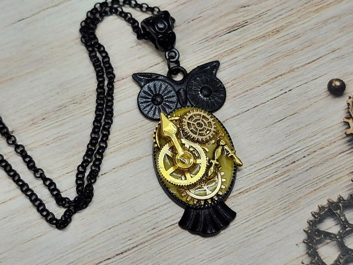 Gold and Black Steampunk Owl Necklace
